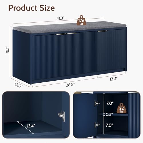 2-Tier Shoe Storage Bench with 3 Doors & Adjustable Shelf, Removable Washable Padded Seat Cushion, 41.3" Entryway Storage Cabinet for Living Room, Bedroom – Navy Blue Modern Design - color: Navy Blue, size: 41.3"