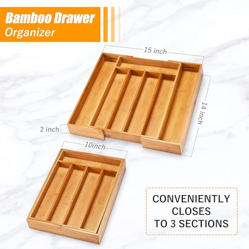 Kitchen Silverware Drawer Organizer and Storage Flatware Cutlery Utensil Holder Spice Rack Containers Bathroom Counter Cabinet Office Desk Makeup Drawer Tray Kitchen and Dining Tools Decor Accessories - color: Nature, size: 7 Slots Expandable-2PC