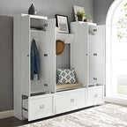 Crosley Furniture Harper 4-Piece Storage Cabinet, Shoe Rack Bench, and Wall Shelf Set with Coat Hooks, White