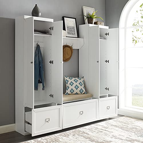 Crosley Furniture Harper 4-Piece Storage Cabinet, Shoe Rack Bench, and Wall Shelf Set with Coat Hooks, White