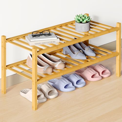 Smiry Bamboo Shoe Rack for Closet, 2 Tier Wooden Stackable Shoe Organizer, Free Standing Shoes Storage Shelf for Entryway, Front Door Entrance, Natural - color: Natural, size: 2 Tier - Medium