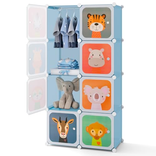 HONEY JOY Kids Wardrobe Closet, Baby Cartoon Clothes Storage Organizer, 8 Cubes & 2 Hanging Sections, Portable Children DIY Modular Bedroom Armoire Dresser Cabinet for Boys Girls (Blue, 8-Cube) - color: Blue, size: 8-Cube