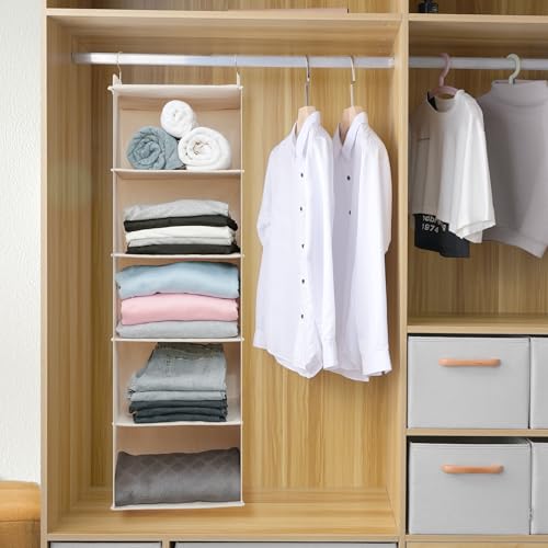 Large Hanging Sweater Organizer for Closet,Collapsible 6-Shelf Hanging Closet Shelves with Drawers, Washable (Beige -5 Shelf) - color: Beige, size: 5 Shelf