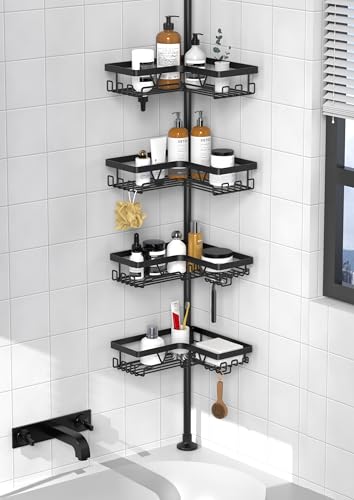 KEGII Corner Shower Caddy Tension Pole - Shower Tension Rod Organizer, Floor to Ceiling Shower Caddy 25-114.2 inch, Towel Rack Corner Waterproof, Black - style: Tension Caddy - Black