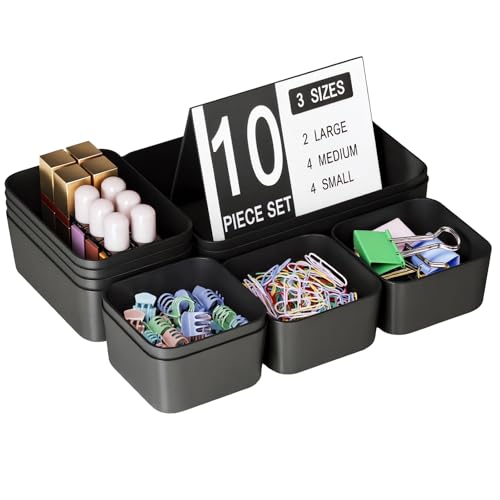 Plastic Drawer Organizers, 10 PCS Drawer Organizer Bins, Bathroom and Vanity Organizer Plastic Tray, Makeup Organizer and Storage for Makeup, Bedroom, Kitchen Gadgets Utensils and Office (Black) - color: Black, size: 10pcs