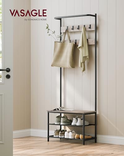 VASAGLE Hall Tree with Bench and Shoe Storage, Entryway Bench with Coat Rack Stand and Shoe Rack, 9 Movable Hooks, Top Bar, Fabric Shelves, Industrial, Greige and Black UHSR411B02 - color: Greige + Black, size: 25.2"W