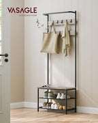 VASAGLE Hall Tree with Bench and Shoe Storage, Entryway Bench with Coat Rack Stand and Shoe Rack, 9 Movable Hooks, Top Bar, Fabric Shelves, Industrial, Greige and Black UHSR411B02 - color: Greige + Black, size: 25.2"W