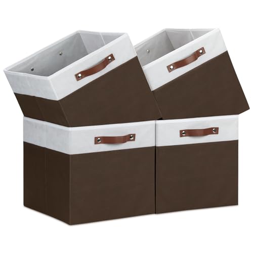 Temary Foldable Cube Baskets 4Pack - Shelf Storage Bins with Handles, Fabric Storage Organizer for Clothes, Home (White&Brown, 13x15x13 Inch) - color: White&Brown, size: 13x15x13
