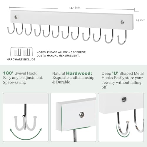 2 Pack Purse Organizer Wall Mount with 24 Rotating 180° Coat Rack, 14.6" Wooden Entryway Purse Holder, Wall Hooks for Hanging Belts, Ties, Keys, Scarf, Bras, Bag, Space Saving Hanger (White) - color: White