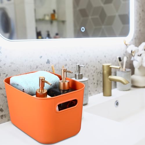 Hoolerry 8 Pieces Colorful Storage Bins with Lid, Plastic Storage Basket Organizing Container Stackable Box with Handle for Shelves Desktop Playroom Office(10.2 x 7 x 6.3 Inch,Orange) - color: Orange, size: 10.2 x 7 x 6.3 Inch