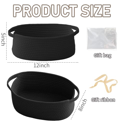 JMvicyroam Woven Basket,Small Rope Storage Bin with Handles & Ribbon Bag, Organizer for Shelves Closets,Gift Basket Empty for Birthday,Books,Dog Toys, Black - color: Black, size: 1 Pack