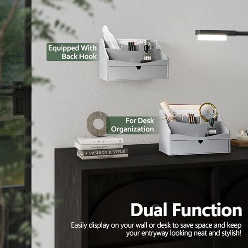 Pine Wood Mail Organizer for Desk - Rustic Farmhouse Mail Sorter Countertop Organizer for Letter Paper, Files & Everyday Essentials - Wooden Folder Organizer with Drawer for Home & Office Decor (Gray) - color: B-Gray