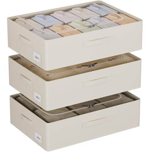 CYhom 3Pcs Under Bed Storage Bins with Metal Frame - Shoe Organizer for Closet with Clear Cover Oxford Fabric Sturdy Underbed Container Foldable Stackable Clothes Organizer (Beige, 23.5x19.7x6.3) - color: Beige, size: 23.5x19.7x6.3