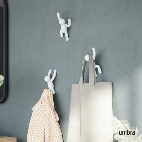 Umbra Buddy Wall Hooks – Decorative Wall Mounted Coat Hooks for Hanging Coats, Scarves, Bags, Purses, Backpacks, Towels and More, Set of 3, White - color: White