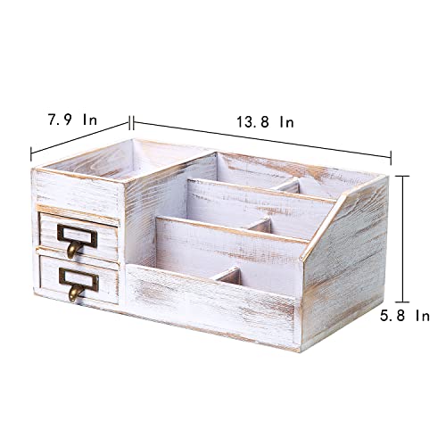 Distressed Rustic Wooden Office Desktop Organizer Shelf Tabletop Home Organizer Storage with Multiple Compartments 2 Tier Drawers perfect Jewelry storage Display Box for Desk Vanity (Washed white) - color: Washed white