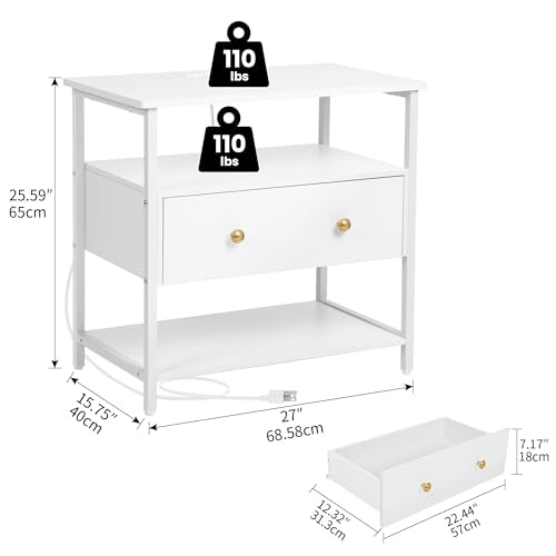 Edbuosy 27 Inch Wide Night Stand with Charging Station, Wood Nightstand with Open Shelf, Large Drawer Bedside Table for Living Room/Bedroom/Office (White) - color: White, size: 1 Drawer