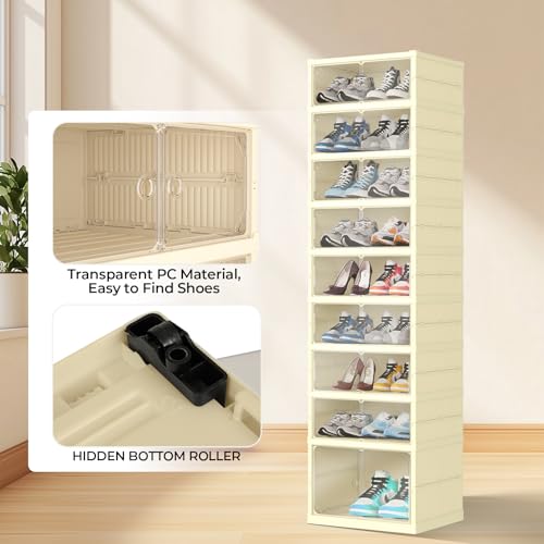 FAHKNS Shoe Storage Box, 9 Tiers Easy Assembly Foldable Plastic Shoe Rack with Clear Door, Stackable Shoe Storage Bins Shoe Organizer for Entryway Closet - color: Beige, size: 9 Tiers 18 Pairs