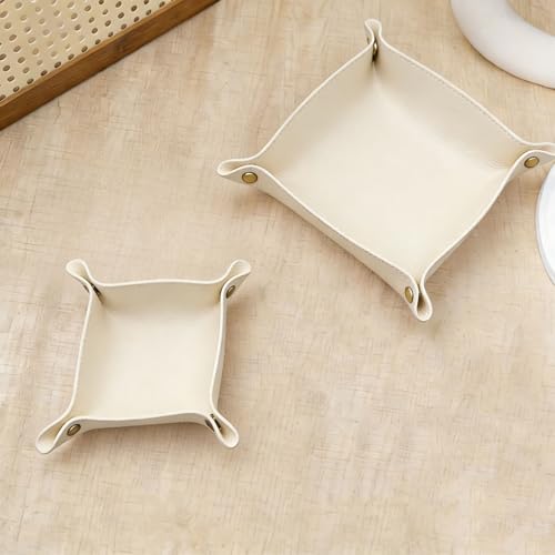 2 Size PU Leather Valet Trays,Square Desk Organizer Catchall Tray Set,Folding Travel Organizer,Jewelry Key Cosmetic Storage Tray for Entryway Dresser Desktop(White) - color: White