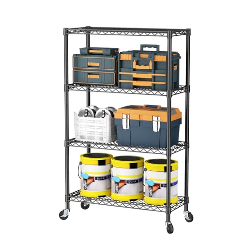 SINGAYE 4 Shelf Storage Wire Shelves Closet Bathroom Organizers Metal Pantry Kitchen Garage Shelving Unit Laundry Room Organization Home Narrow Rack Net Basket with Wheels Black - color: Black, size: 4Tier/14"D X 36"W X 58"H