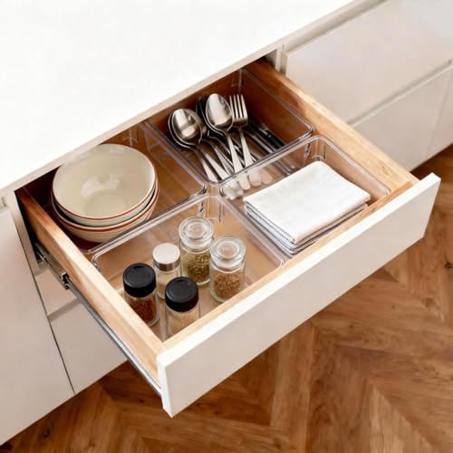 Ohlove 6 Pcs Large Clear Plastic Drawer Organizers Tray 6" x 6" Storage Bins with 25 Pcs Non-Slip Pads for Makeup, Jewelries, Kitchen Utensils, Bathroom and Office - size: 6"x6"