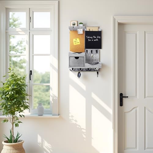 Key Holder Wall Mount， Mail Organizer Key Holder for Wall with Shelf, Drawer, Chalkboard, Corkboard, Home Decor Wall Mounted for Room Entryway(Grey) - color: Gray, size: Vertical