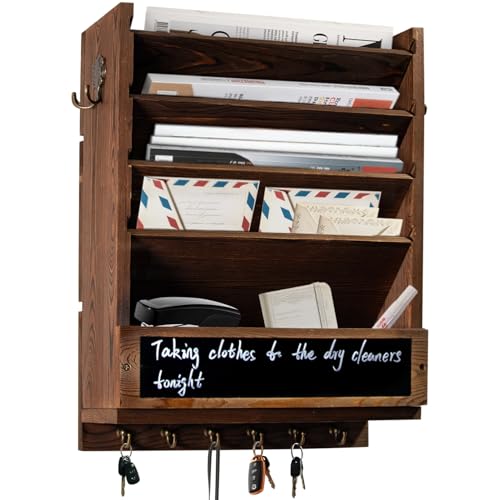 Rustic wall mail organizer,Key and Mail File Holder for Wall Mount，with 6 Key Hooks 2 Double Key Hooks A blackboard,for Home,Office, Classroom,Entryway Decor (brown) - color: brown