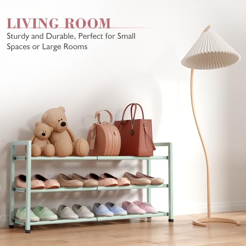 Bumusty 3-Tier Expandable Shoe Rack for Closet, 18“-33” Adjustable Shoe Rack for Small Space, Small Shoe Organizer for Front Door, Sturdy Metal, Green - color: Green, size: 3-Tier