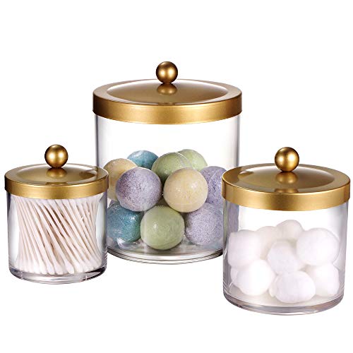 SheeChung 3-Pack Plastic Apothecary Jars with Gold Metal Lids - Large 50oz, 25oz & 15oz Clear Acrylic Storage Set - Shatterproof Modern Luxury Vanity & Home Organizer - Glam Decor - color: Gold, size: 50 oz & 25 oz & 15 oz