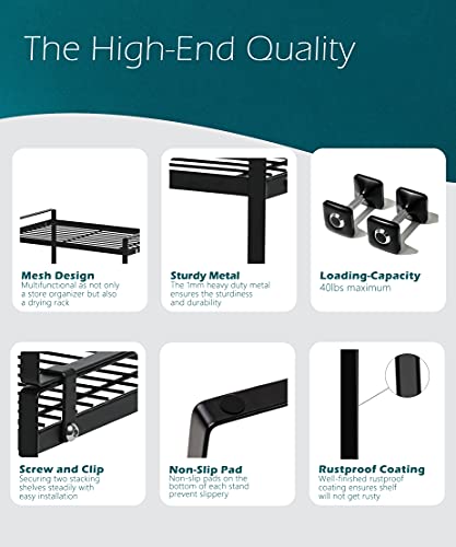 Shantton 2pk Kitchen Cabinet Shelf Counter Organizer Rack Pantry Storage Bathroom Bedroom Office Table Desk Space Saving Steel Frame Stackable Rust Resistant Non Slip Black-Tall-L13in W8.3in H9.5in - color: Black, size: L13" W8.3" H9.5"