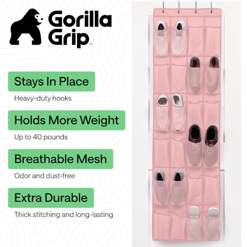 GORILLA GRIP Over the Door Shoe Organizer, 24 Large Breathable Mesh Pockets, Space Saving Hanging Storage Holder, Closet Rack Hanger Holds Up to 40 lbs, Hangs on Closets for Shoes, Accessories, Pink - color: Light Pink, size: 24 Pockets/4 Hooks