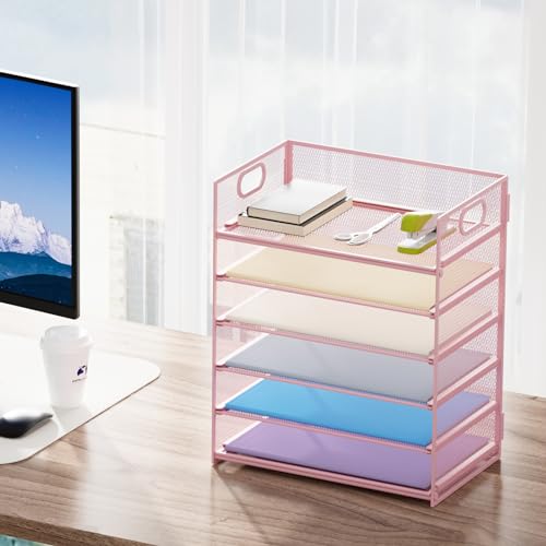 Marbrasse 6 Tier Paper Organizer Letter Tray - Mesh Desk File Organizer with Handle, Paper Sorter for Letter/A4 Office File Folder Holder -Pink - color: 6 Tier - Pink