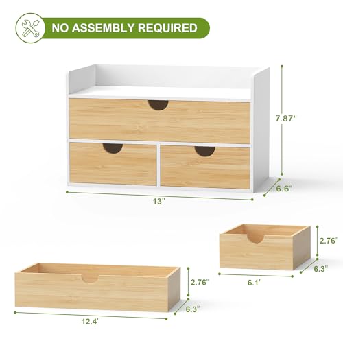 Desk Organizer with Drawers - Bamboo Desktop Organizer Storage | White-Natural Wood Desk Drawers Organizer for Bills, Office Supplies, Cosmetics, Seals No Assembly Required - color: 1 White-Natural, size: 13”L x 6.6”W x7.87”H