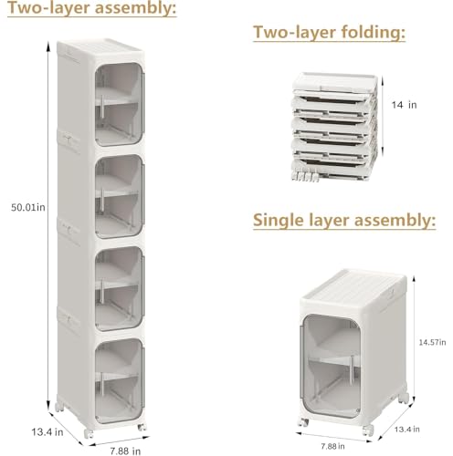 4-Tier Tall Narrow Storage Cabinet, Slim Bathroom Storage Cabinet with Adjustable Shelves and Wheels, Narrow Organizer for Small Space, Bathroom, Kitchen, Laundry, White - color: White, size: 4-Tier
