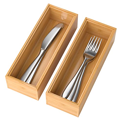 Lixple Bamboo Drawer Organizer – Set of 2 Stackable Storage Boxes, Silverware Tray & Small Gadget Holder for Kitchen Drawers, 9" x 3" x 2" (Outer), 8.3" x 2.3" x 1.77" (Inner) - color: Yellow, size: 9 x 3 x 2 Inch