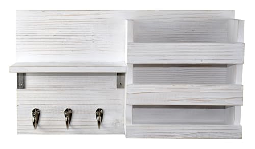 Spiretro Wall-Mounted Key Hooks Holder and Mail Sorter - Rustic Wood White - Entryway Organizer for Letters, Leashes, and Purses - Floating Shelf, 16.5” W x 9.75" H x 4.5” D - color: Rustic Whitewash with Wooden Grain