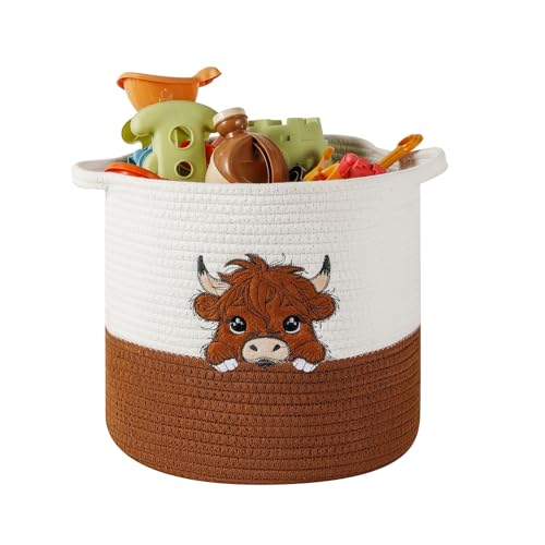 Highland Cow Cute Basket for Nursery, Woven Cotton Rope Storage Basket for Kids, Baby Blanket Organizer with Handles, Storage Basket for Blanket Towel Toys Clothes, Highland Cow Decor, Medium - color: Cow, size: Medium