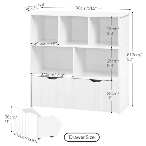 HOOBRO Toy Storage Organizer, Toy Organizers and Storage with 2 Movable Drawers and 5 Cubbies, Toy Chest Shelf for Books or Dolls, Kids Bookshelf and Toy Storage for Playroom, White WT88CW01