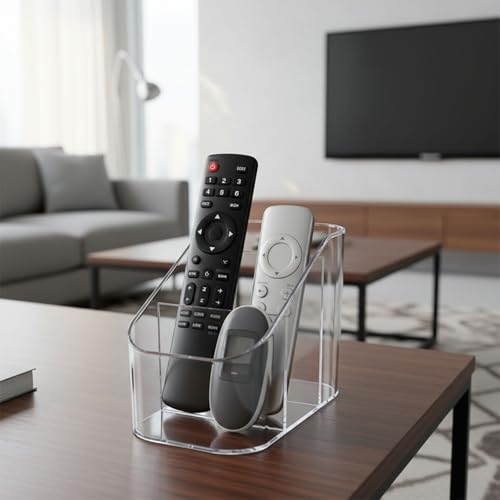Remote Control Holder, Clear Plastic TV Remote Caddy for Desk and Nightstand Storage, Space-Saving Desk Organizer with See-Through Design for Living Room and Office Desk Accessories, 3 Compartments - size: 3 Slots