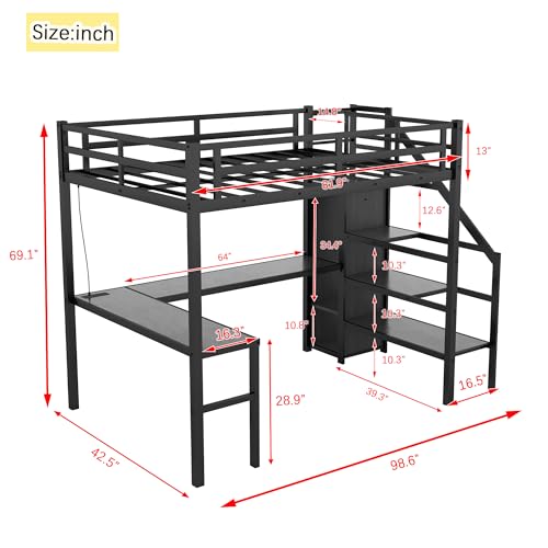 Bellemave Twin XL Loft Bed with Stairs and Storage, Metal Loft Beds Frame with Wardrobe and Safety Guardrails, Space Saving LED Loft Bed Twin Size for Kids & Teens, No Box Spring Needed, Black - color: Black, size: Twin XL