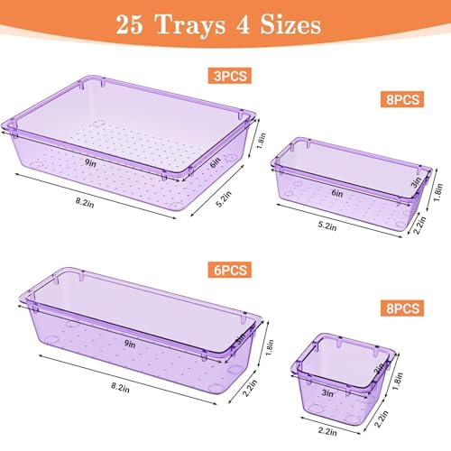 SpaceHacks 25 PCS Plastic Drawer Organizer Set, 4-Size Versatile Organizer Trays & Storage Bins for Makeup, Jewelry, and Gadgets in Bathroom, Bedroom and Office,Clear Purple - color: Clear Purple