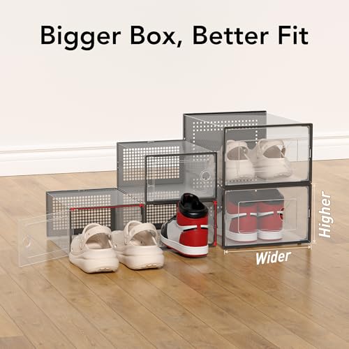 Foluck X-Large Shoe Storage Box, 15 Pack Clear Plastic Stackable Shoe Organizer for Closet, Interlocking Design Shoe Container Bins for Sneakers, Foldable Shoe Rack with Lids, Black - color: Black