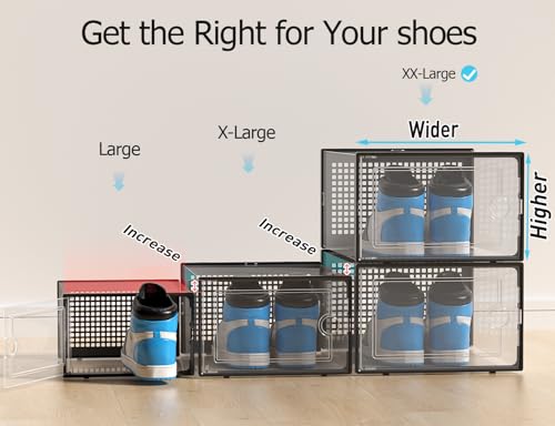 Kuject XX-Large Shoe Storage Boxes Organizers Clear Plastic Stackable 12 Pack, Shoe Rack & Holder Substitute, Sneaker Containers, Shoe Storage Organizer Bins for Closet, Under Bed, Black(No Fold Line) - color: Black, size: XX-Large