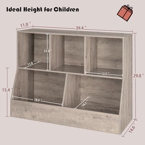 DINZI LVJ Toy Storage Organizer, Kids Bookshelf, Wood Toy Storage Cabinet, 5 Cubby Children Bookcase, 39.4" L Toddler Book Shelf for Playroom, Living Room, Nursery, Hallway, School, Greige - color: Greige, size: 2-Tier 39.4"