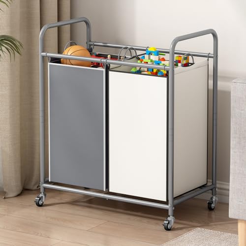 SUOERNUO Laundry Hamper Basket 2 Bag Laundry Sorter Cart with Rolling Lockable Wheels and Removable Bags Laundry Organizer Cart for Clothes Storage (Grey+Beige, 2 Bags) - color: Grey+Beige, size: 2 Bags