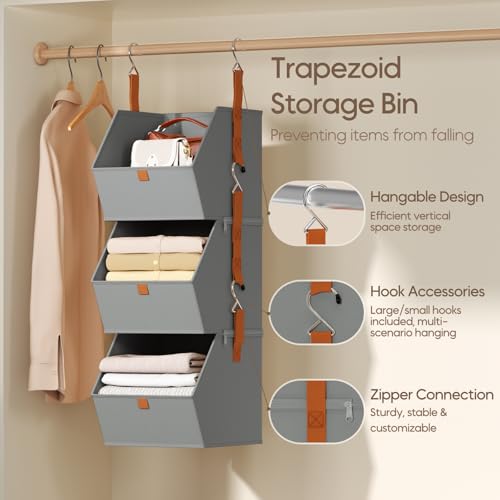 Homsorout Collapsible Hanging Closet Organizer - 3 Tier Closet Shelves Storage System with Hooks, Fabric Hanging Storage Bins for Clothes, Foldable Storage Basket for Laundry, Bedroom, Rv, Grey - color: Grey, size: 3 shelves