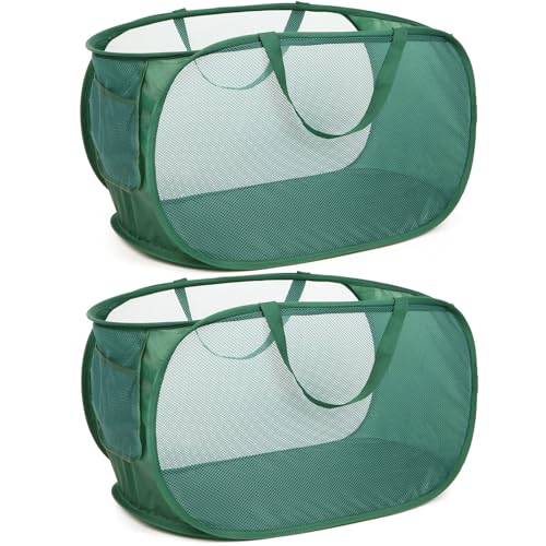 Sturdy Mesh Pop Up Laundry Hamper, Collapsible Laundry Baskets with Side Pocket, Foldable Clothes Hamper with Reinforced Carry Handles for Laundry, Bathroom, Kids Room, Dorm or Travel 2 Pack Emerald - color: 2 x Emerald