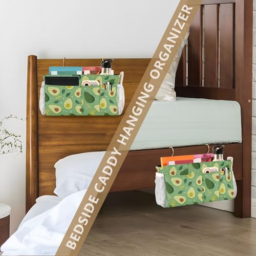 Bedside Caddy Hanging Bunk Bed Caddy Bed Organizer Hanging Pocket with 2 Hooks Bedside Storage Organizer Pocket Bag Holder Green Avocado and Leaf - color: Green Avocado and Leaf