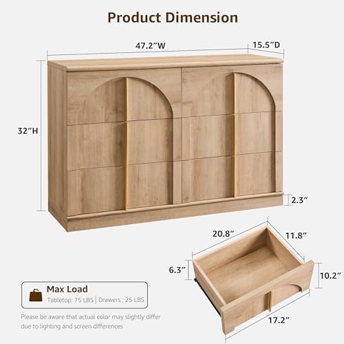 ACCOHOHO Arched Dresser for Bedroom with 6 Drawers, 47.3" Wide Modern Chest of Drawers with Rounded Edge & Metal Handles, Wood Storage Closet Dressers TV Stand for Living Room, Hallway, Oak - color: Natural Oak, size: 15.6"D x 47.3"W x 32"H (6 Drawers)
