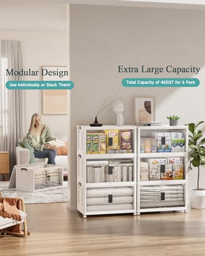 OlarHike 6 Pack 76QT Lockable Storage Bins with Lids - Folding Storage box with Doors and Wheels, Collapsible Plastic Storage Bins for Closets, Stackable Storage Organizer, Storage Containers - size: 76QT-White, style: 6Pack
