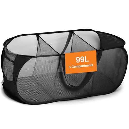 Foldable Laundry Baskets, Collapsible Mesh Laundry Hamper, Durable Pop Up Laundry Basket, 3 Compartments Clothes Hampers for Laundry, Easy to Carry & Sort for Dorm, Home, Kids Room, Travel Black - color: Black, size: 3 Compartments